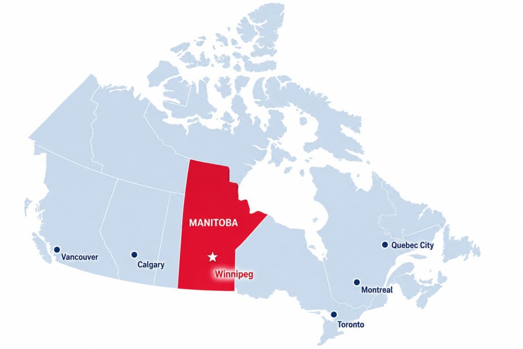 캐나다 지도에서 Manitoba와 Winnipeg 위치 안내